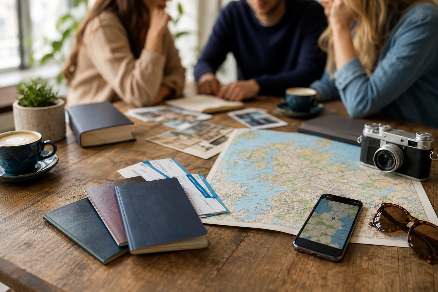 Friends planning a Europe group trip with maps, tickets and travel documents.