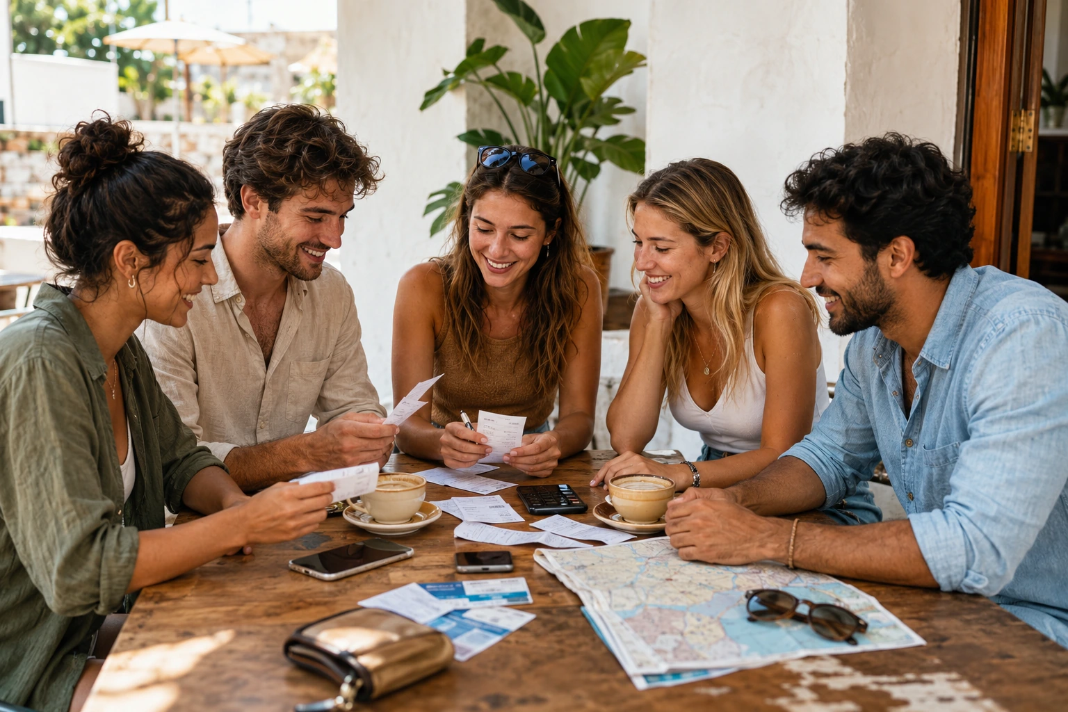 Friends reviewing receipts and phones while splitting group travel expenses.
